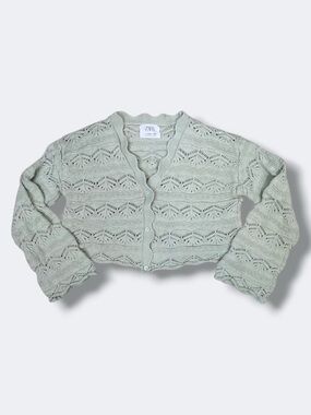 Zara Cardigan Girls Size 13-14 Mint Green Pointelle Knit Bell Sleeve Cropped